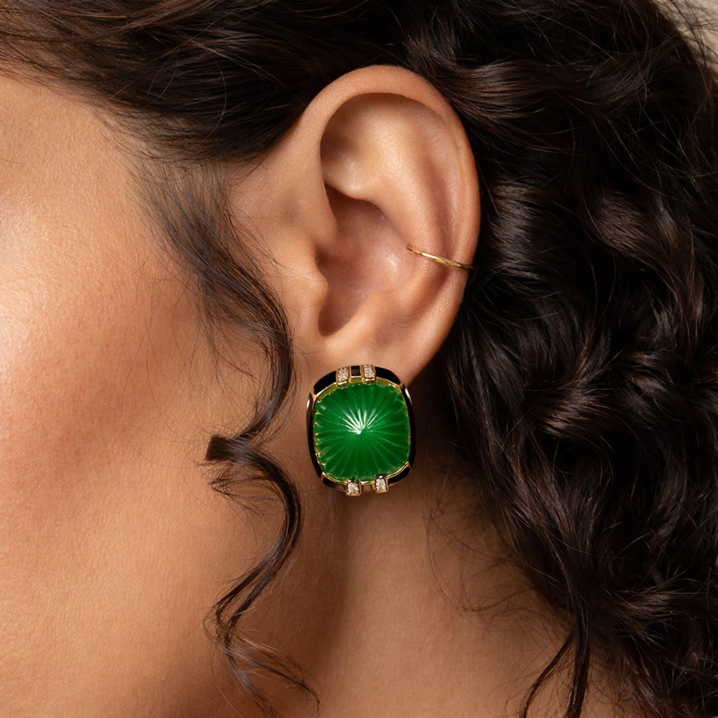 Black Enamel With Emerald Stud Earrings