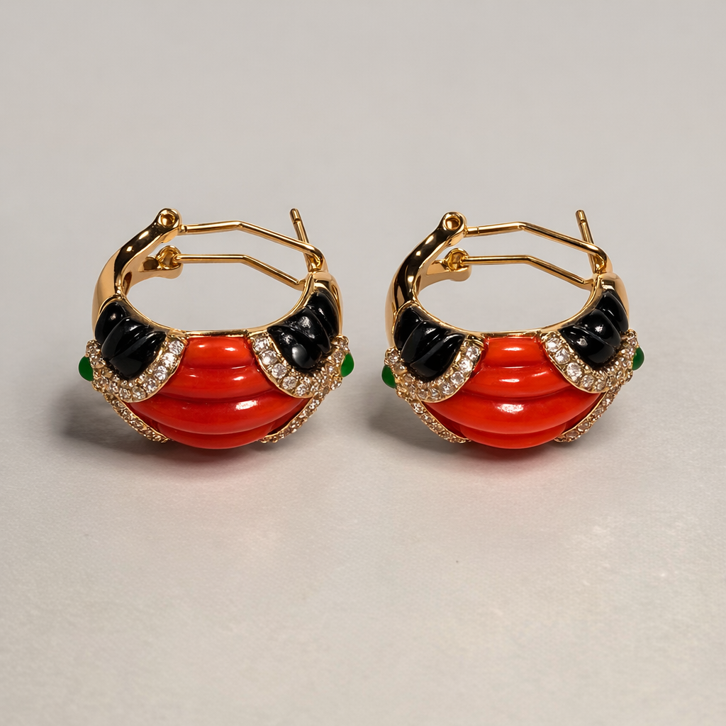Coral,Zircon With Black Hoop Earrings