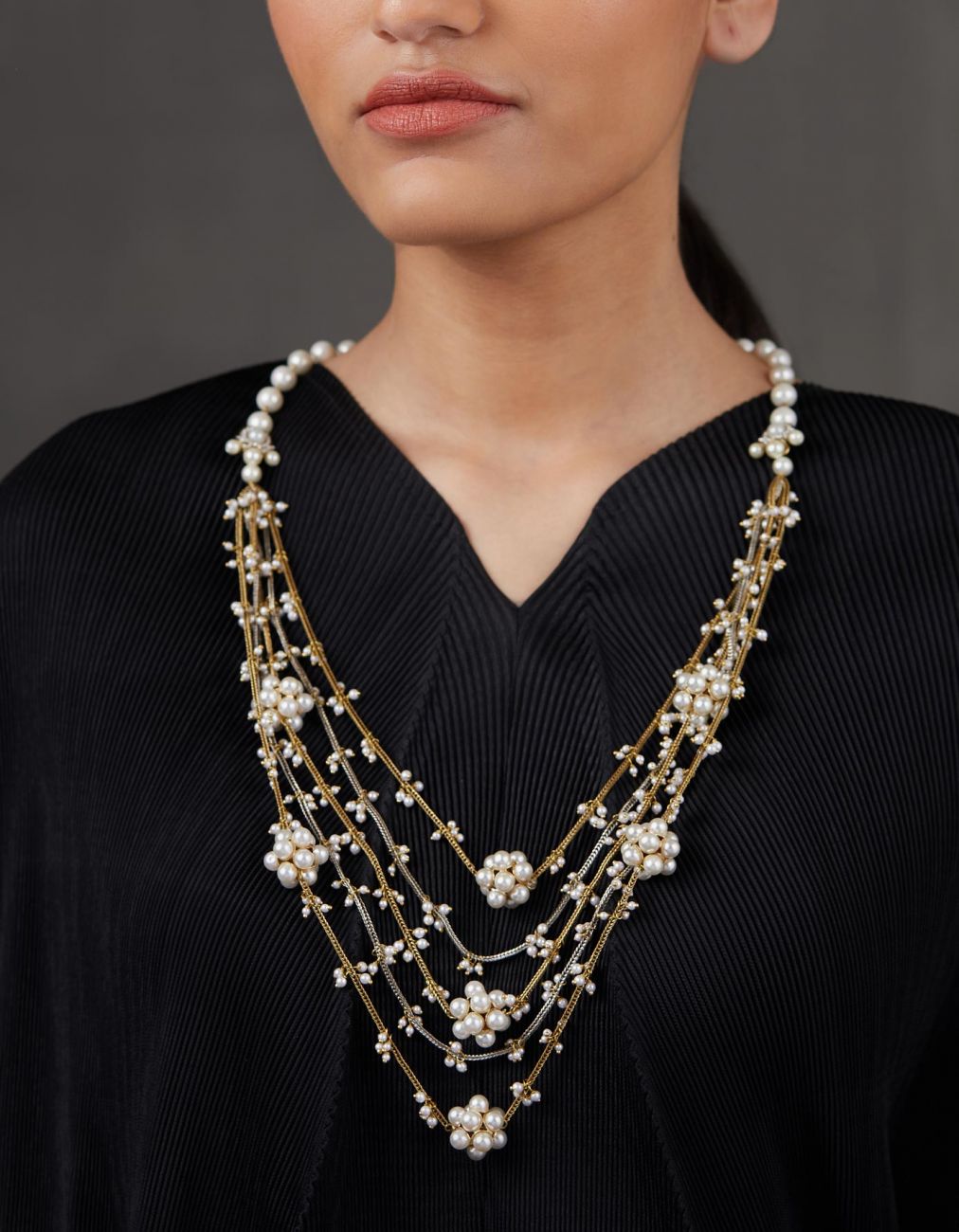 Floral Ball And Pearl Chain Necklace