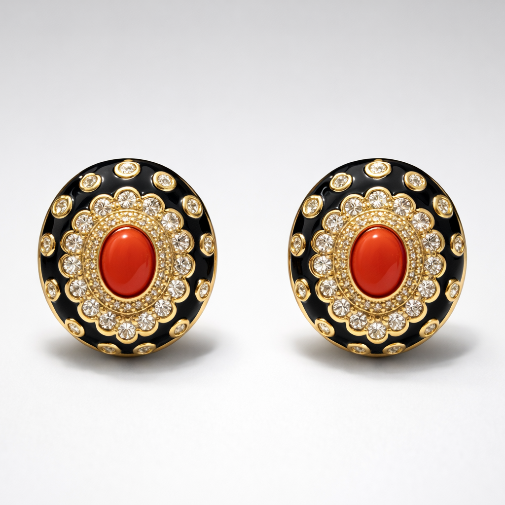 Black Enamel With Coral Stud Earrings