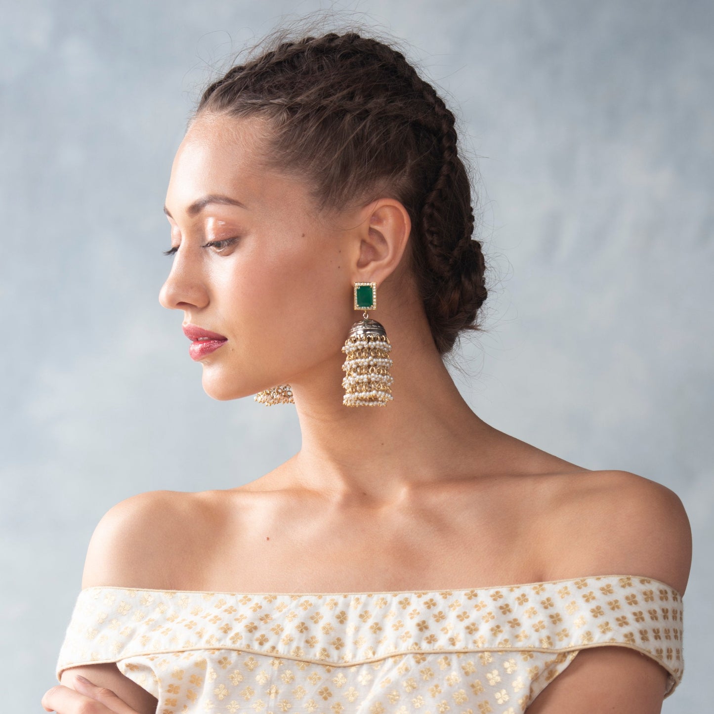 Audrey Silver Emerald Zircon Jhumkis