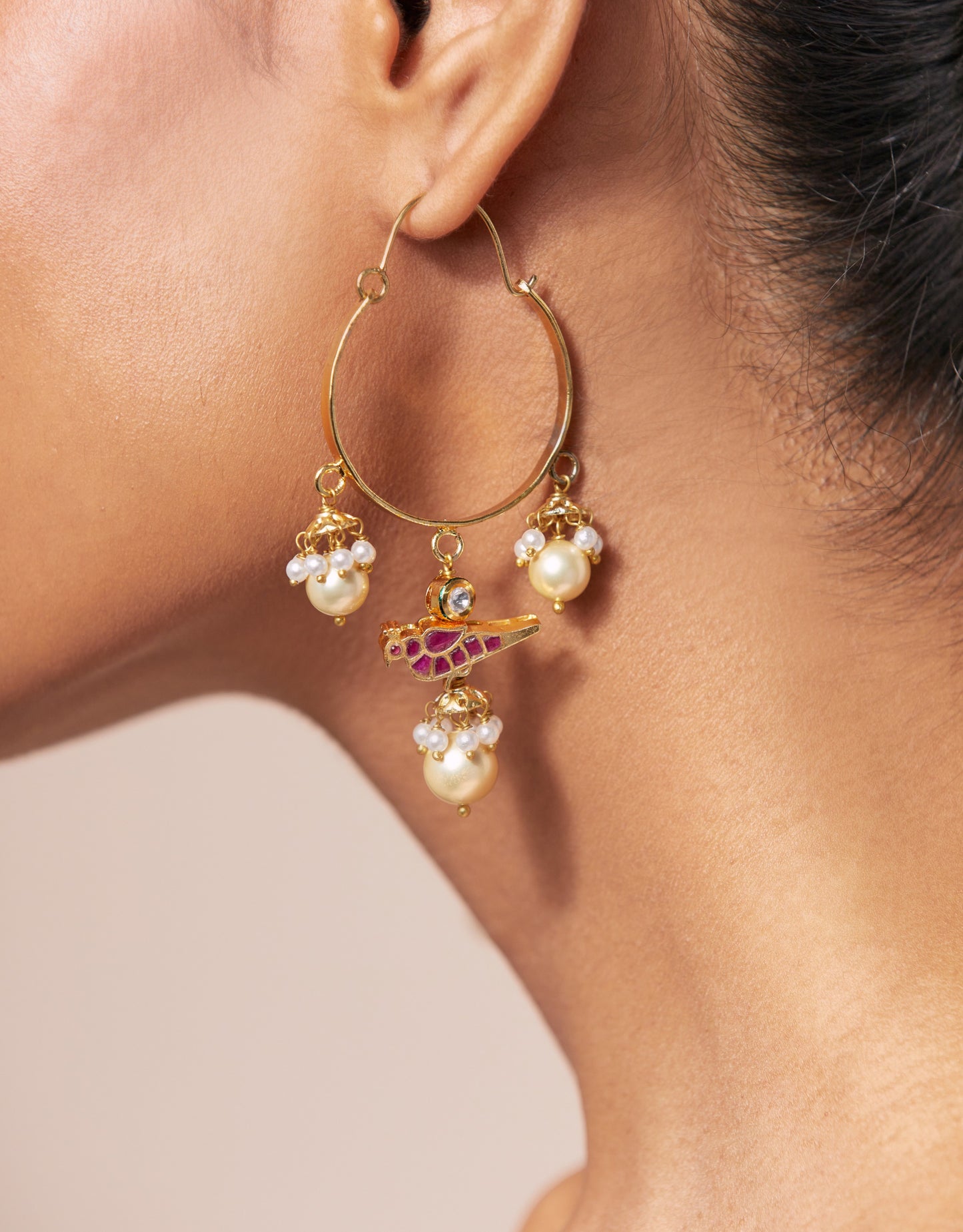 Pearls Bird Golden Hoop