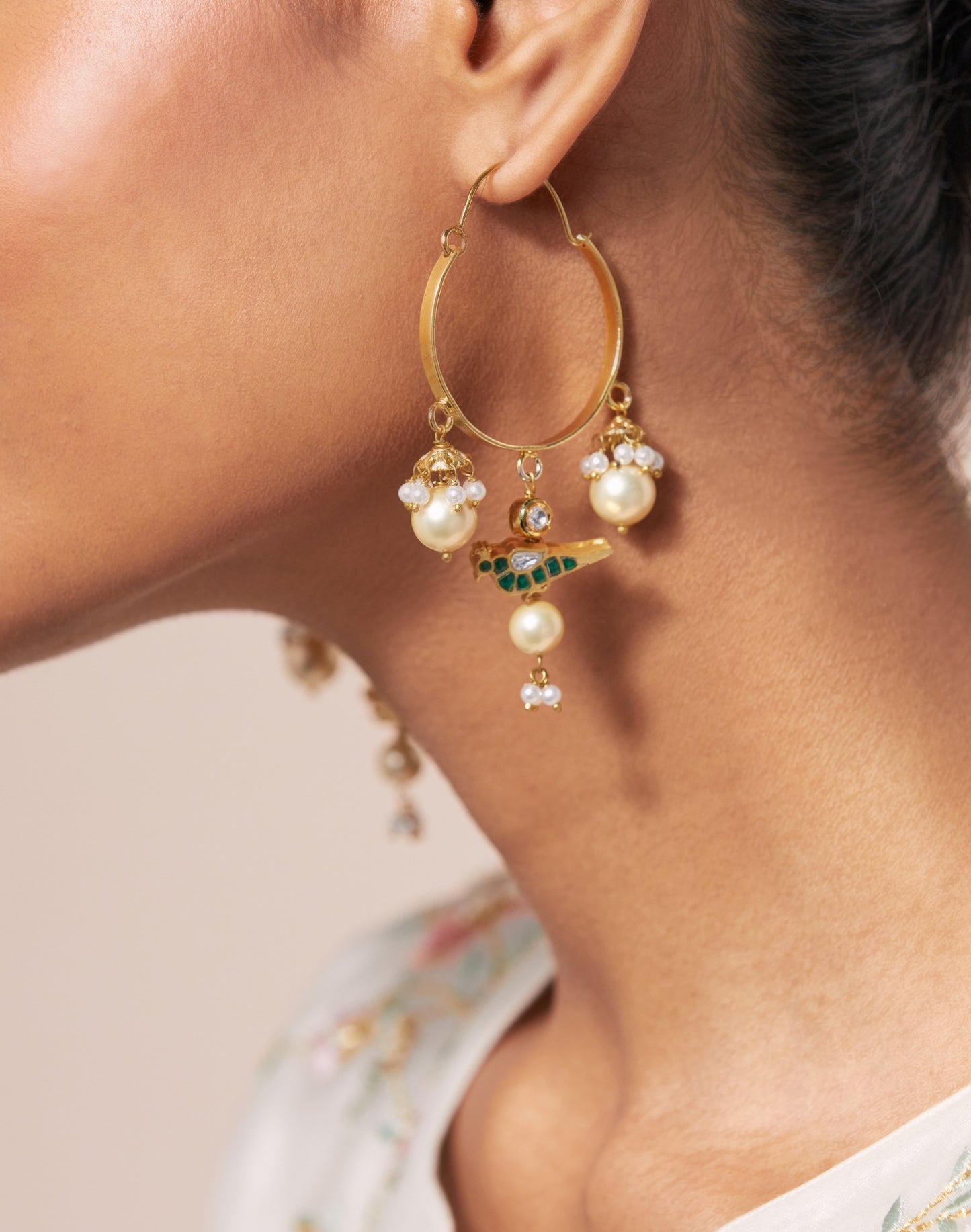 Pearls Bird Golden Hoop
