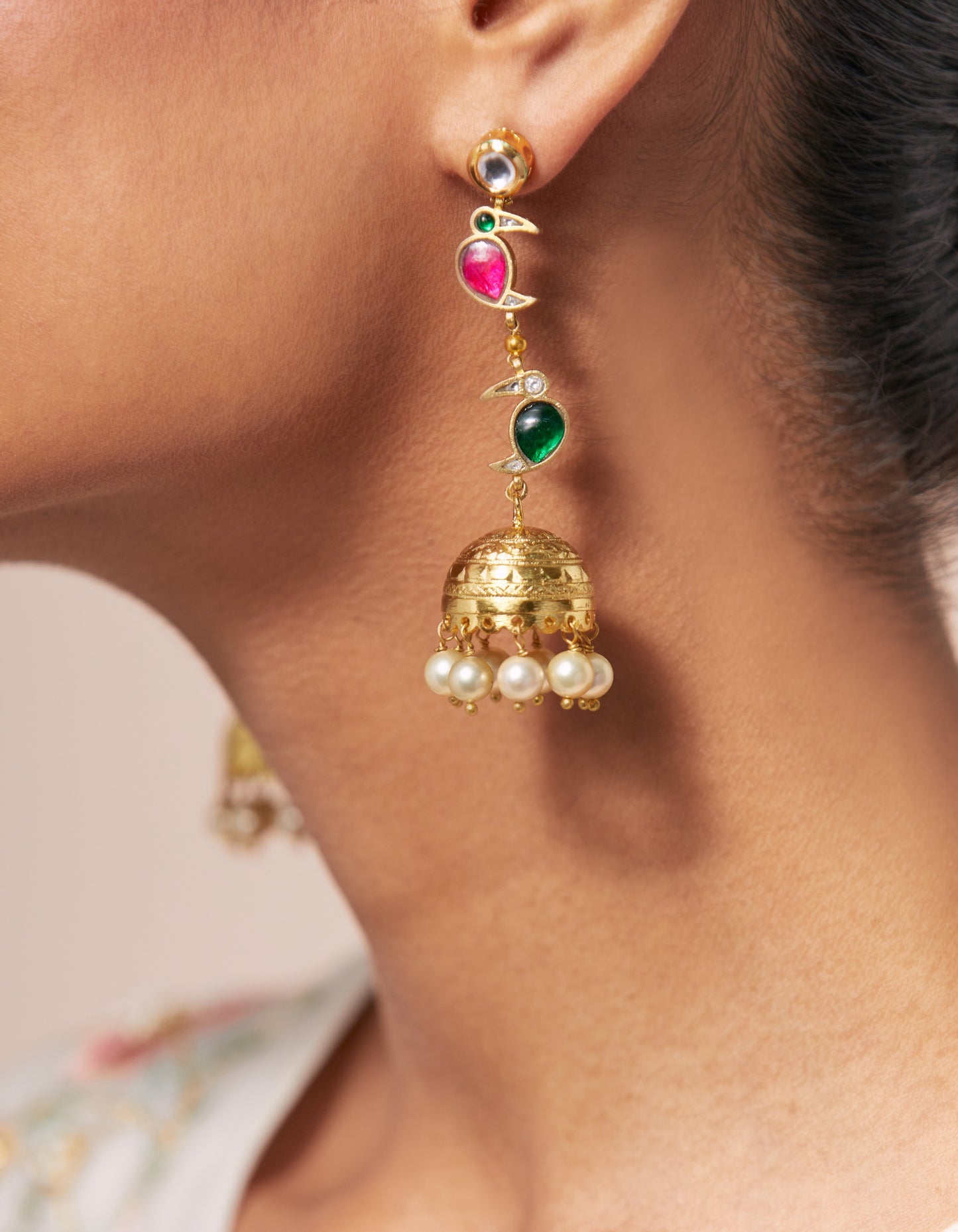 Red+Green Bird, Pearls, Golden Jhumki
