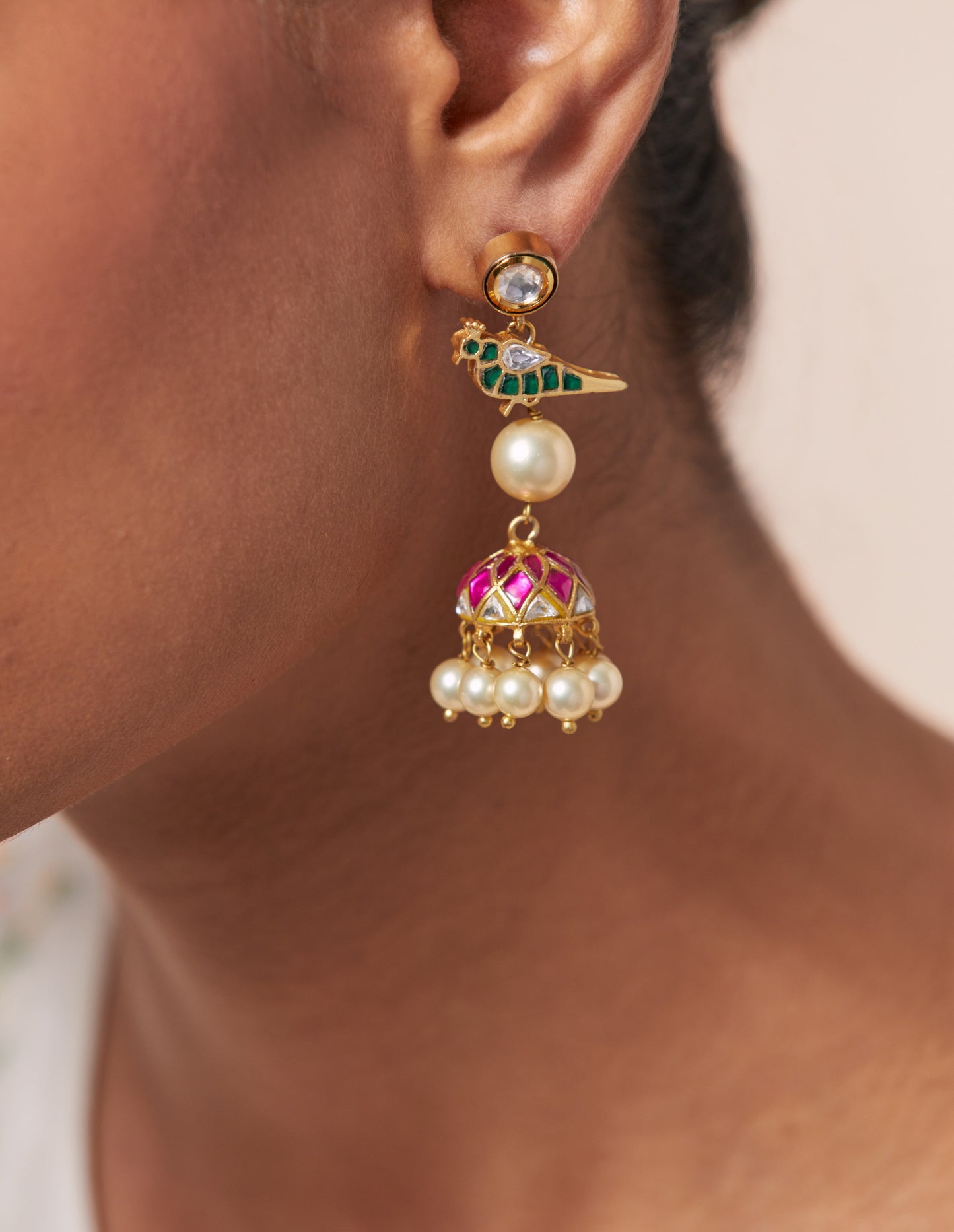 Polki Bird Pearls Jhumki