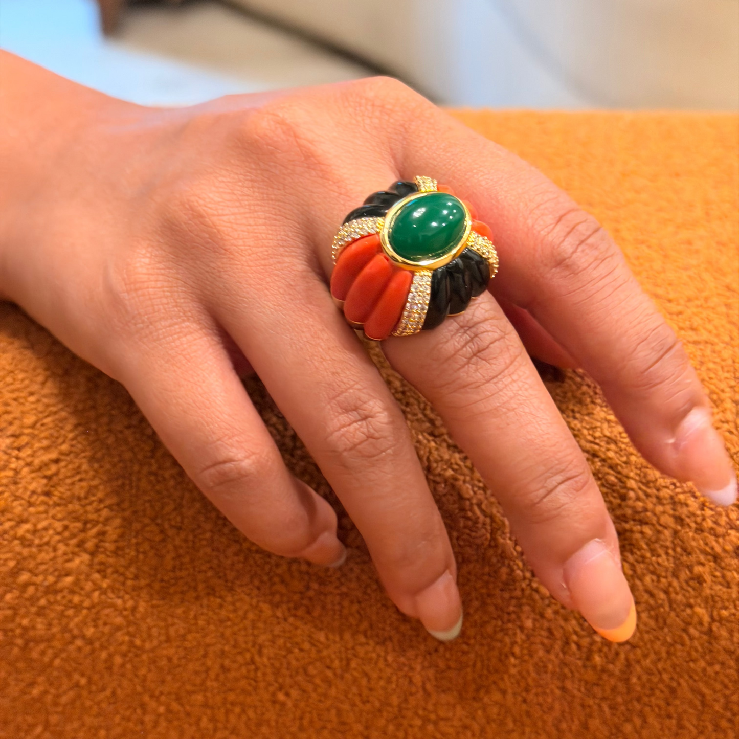 Emerald, Coral, Black Enamel Ring