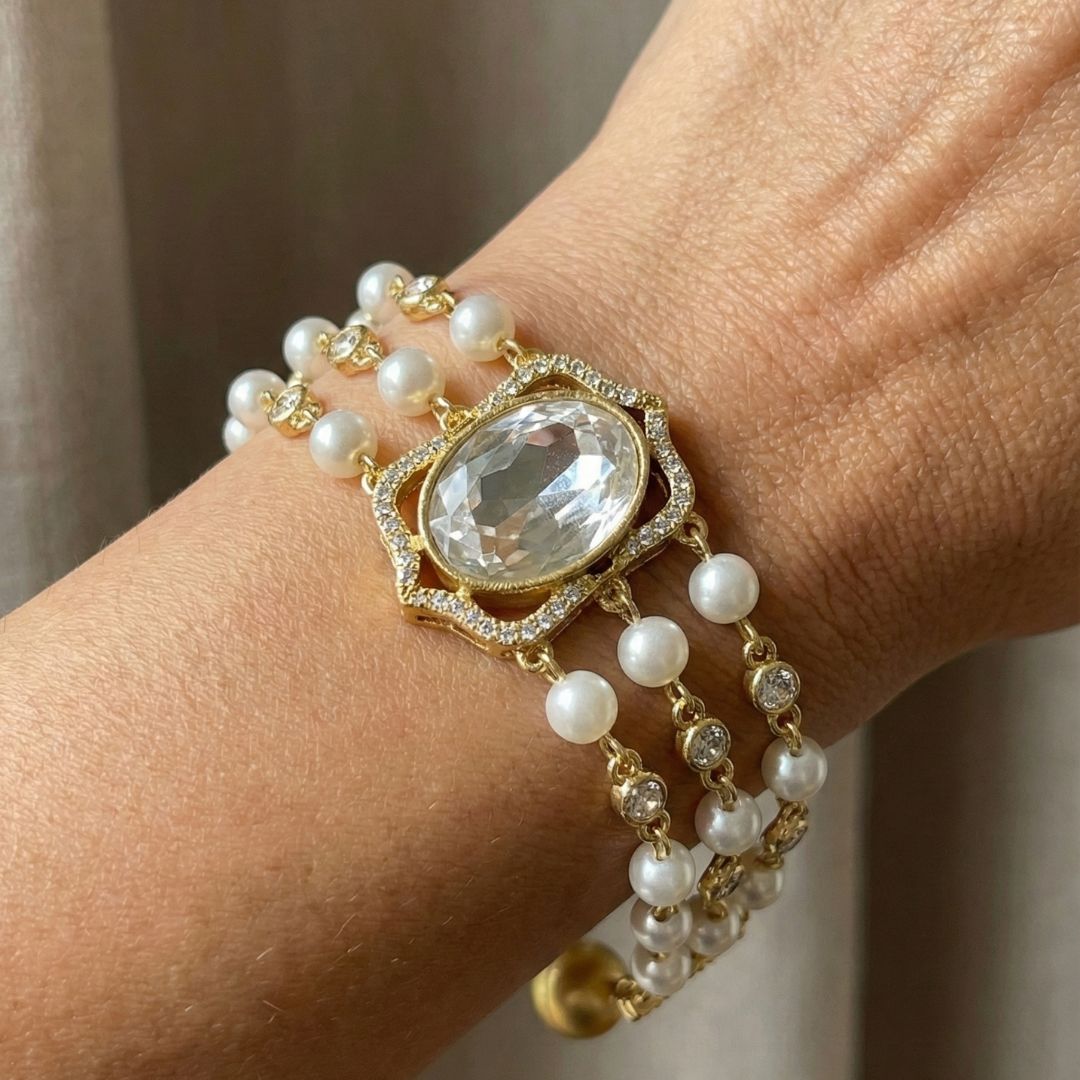 White Pearl Polki Swarovski Magnet Bracelet