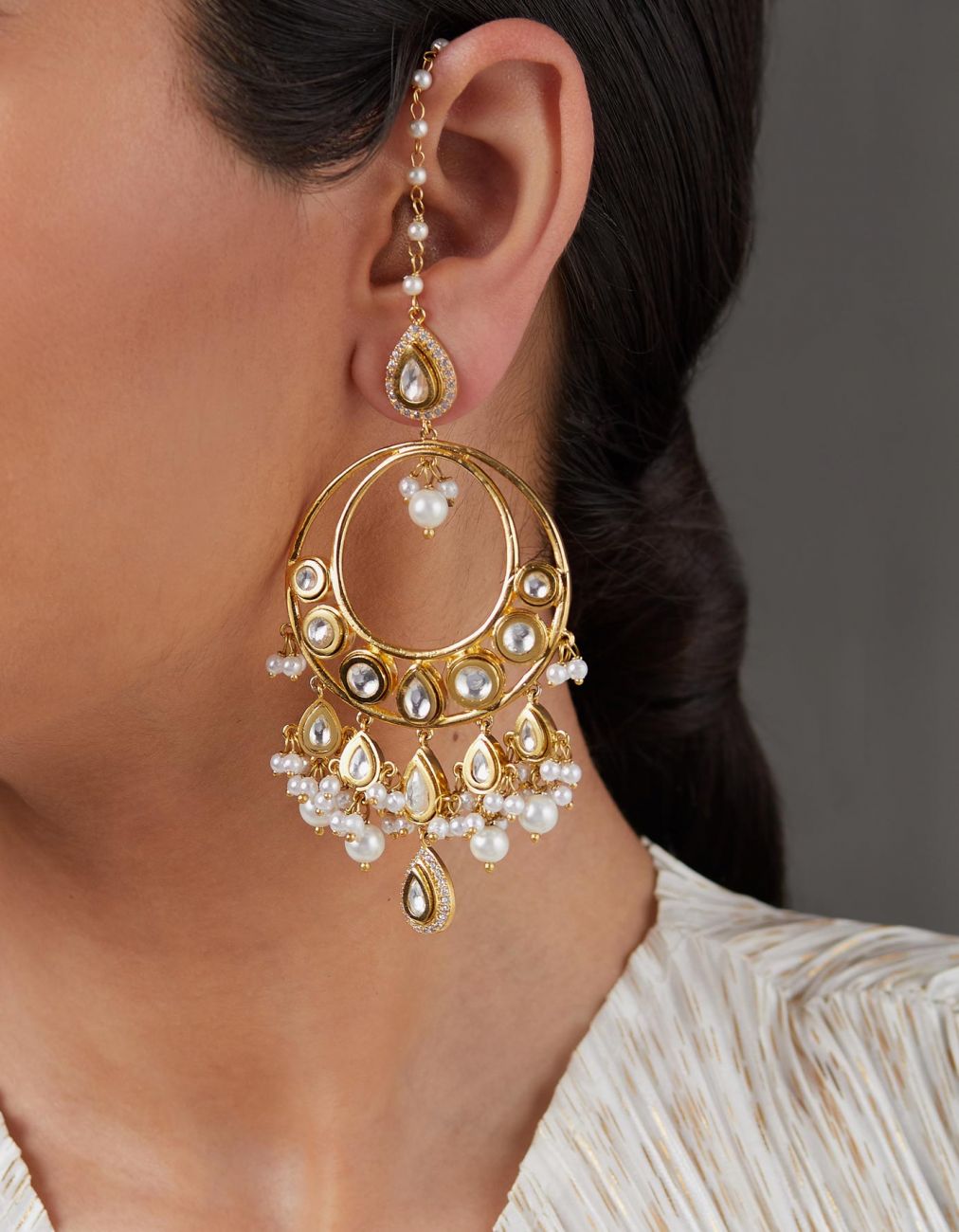 Drop Tops With Polki Chandbali And Pearl Jhallar