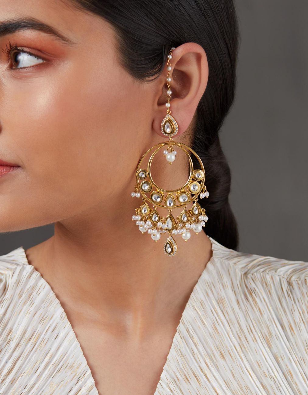 Drop Tops With Polki Chandbali And Pearl Jhallar