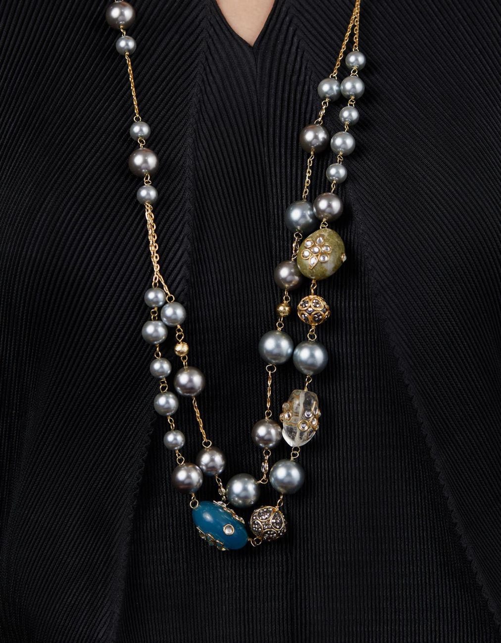 Silver Pearls And Tumbles Double Line Necklace