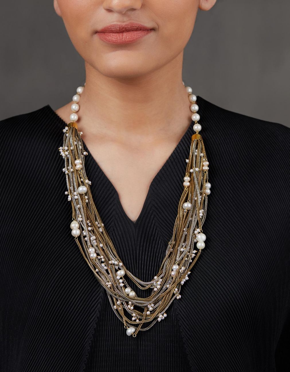 Gold Silver Pearls Jhallar Multichain Necklace