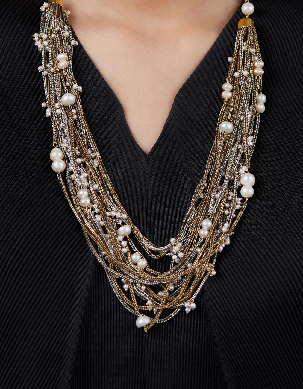 Gold Silver Pearls Jhallar Multichain Necklace