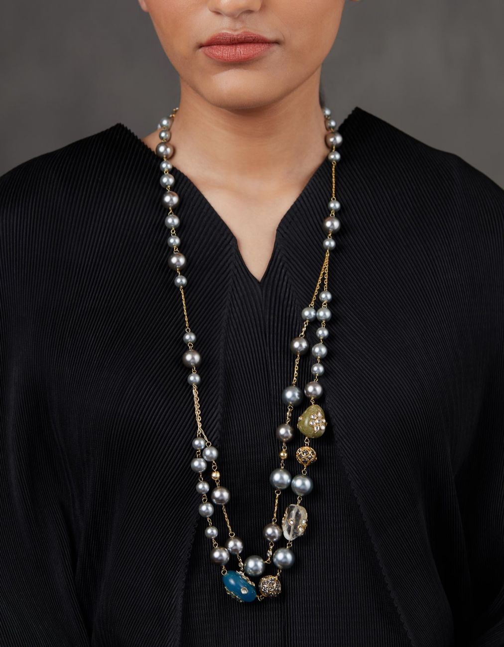 Silver Pearls And Tumbles Double Line Necklace