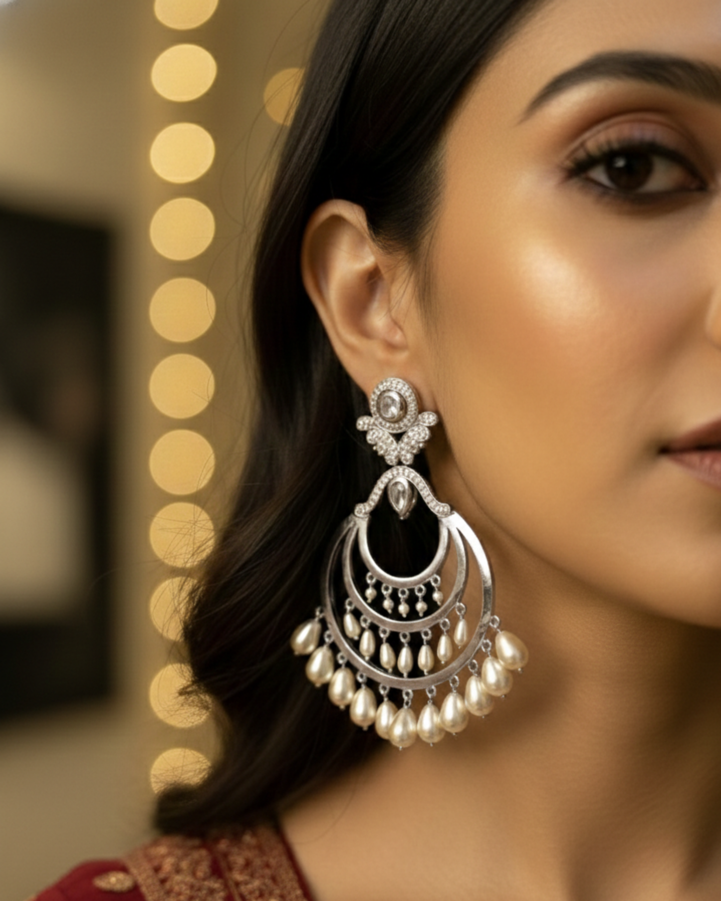 Silver Kundan Chand Bali With Drop Earrings