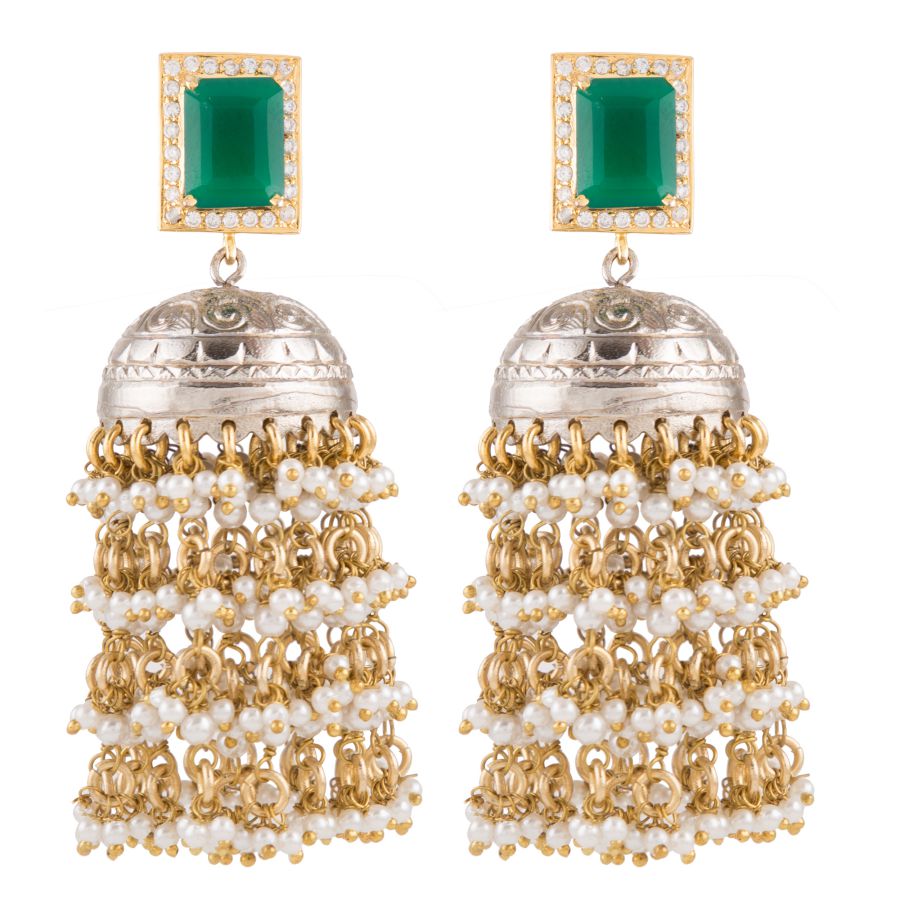 Audrey Silver Emerald Zircon Jhumkis