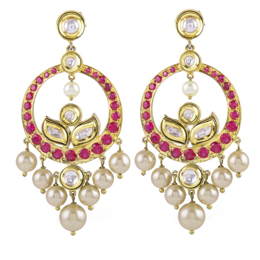 Audrey gold polki earrings with rubies and golden pearls
