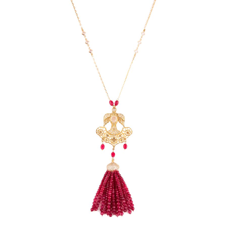 Rapunzel ruby tassel with pearls and gold-silver chain