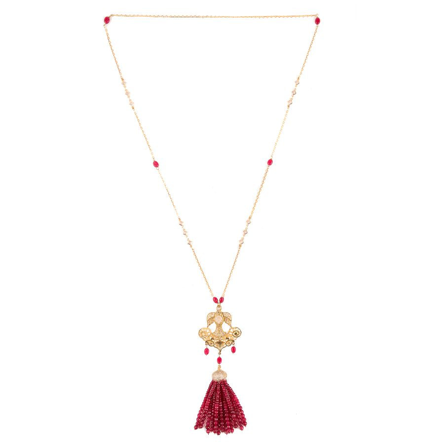 Rapunzel ruby tassel with pearls and gold-silver chain