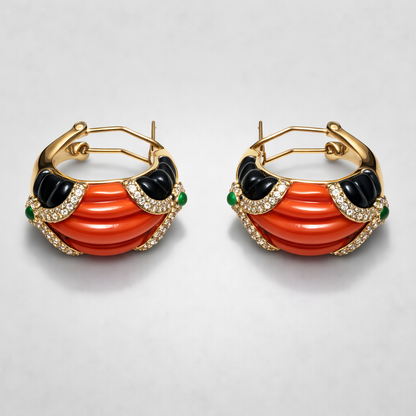 Coral,Zircon With Black Hoop Earrings