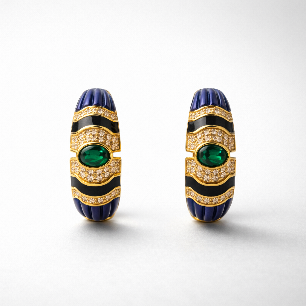Blue With Zircon Enamel Hoop Earrings