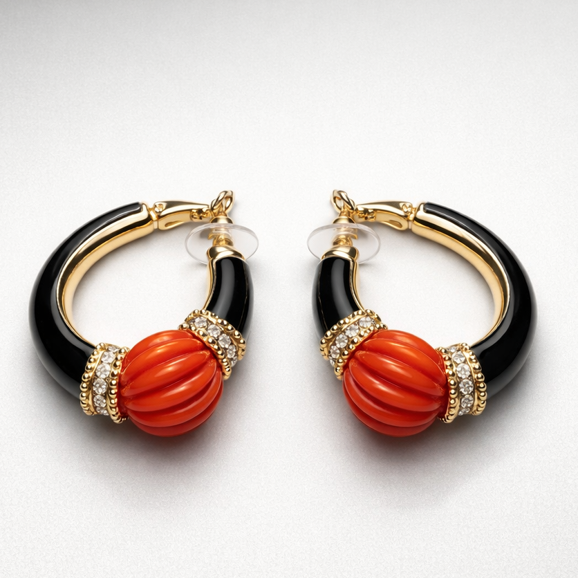 Coral With Black Enamel Hoop Earrings