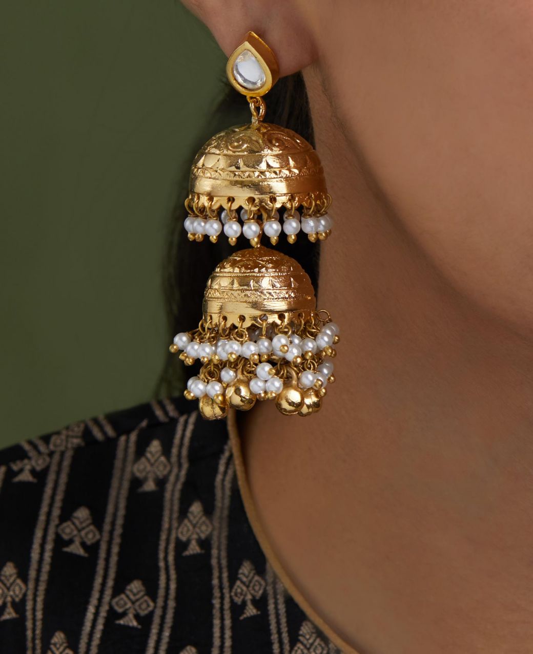Polki Tops With Double Jhumkis And Pearls