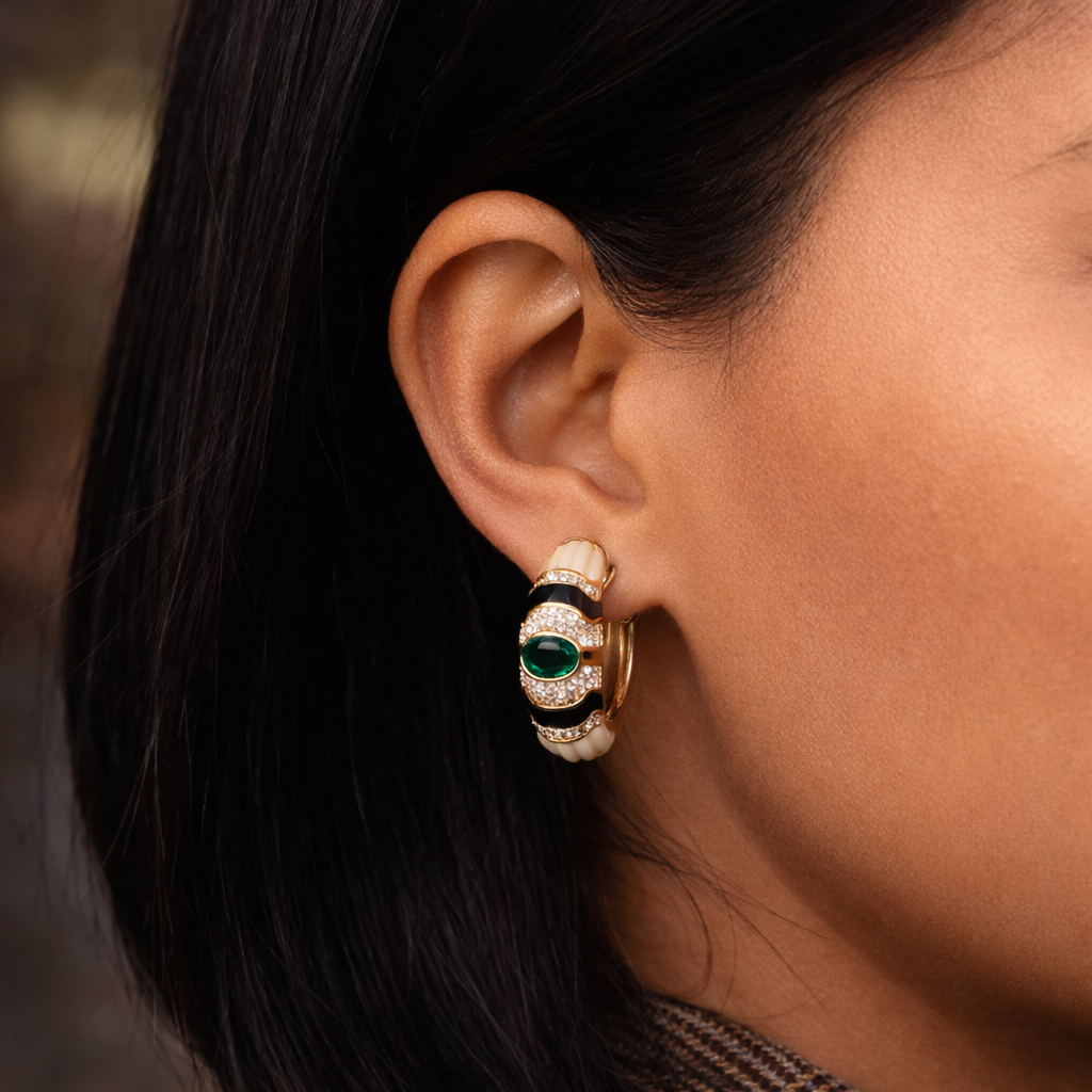 Ivory With Zircon Enamel Hoop Earrings