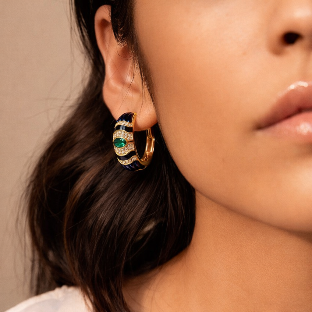 Blue With Zircon Enamel Hoop Earrings