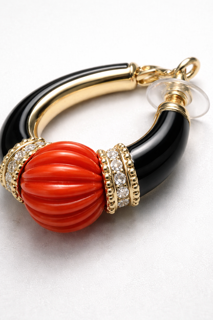 Coral With Black Enamel Hoop Earrings