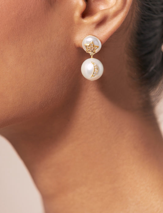 Golden Star+Moon White Pearls