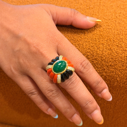 Emerald, Coral, Black Enamel Ring