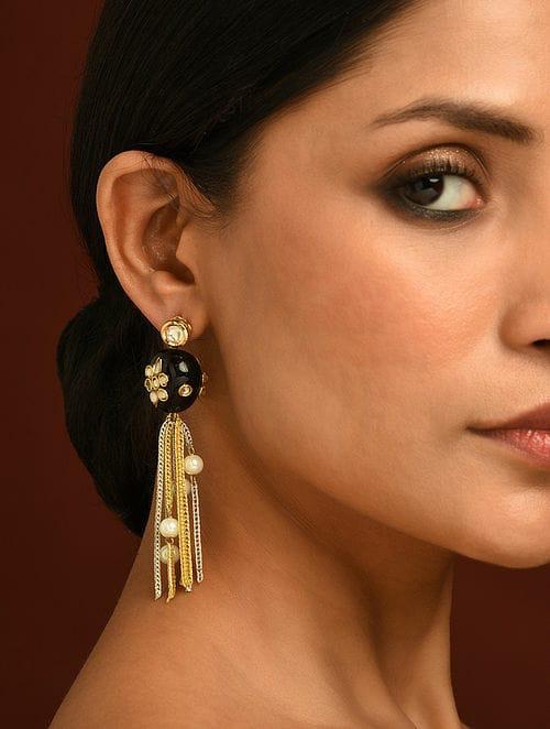 Black Kundan Chain Tassel Earrings