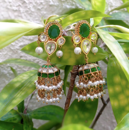 Emerald Kundan Jhumki with Pearls