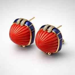 Blue Enamel With Coral Stud Earrings