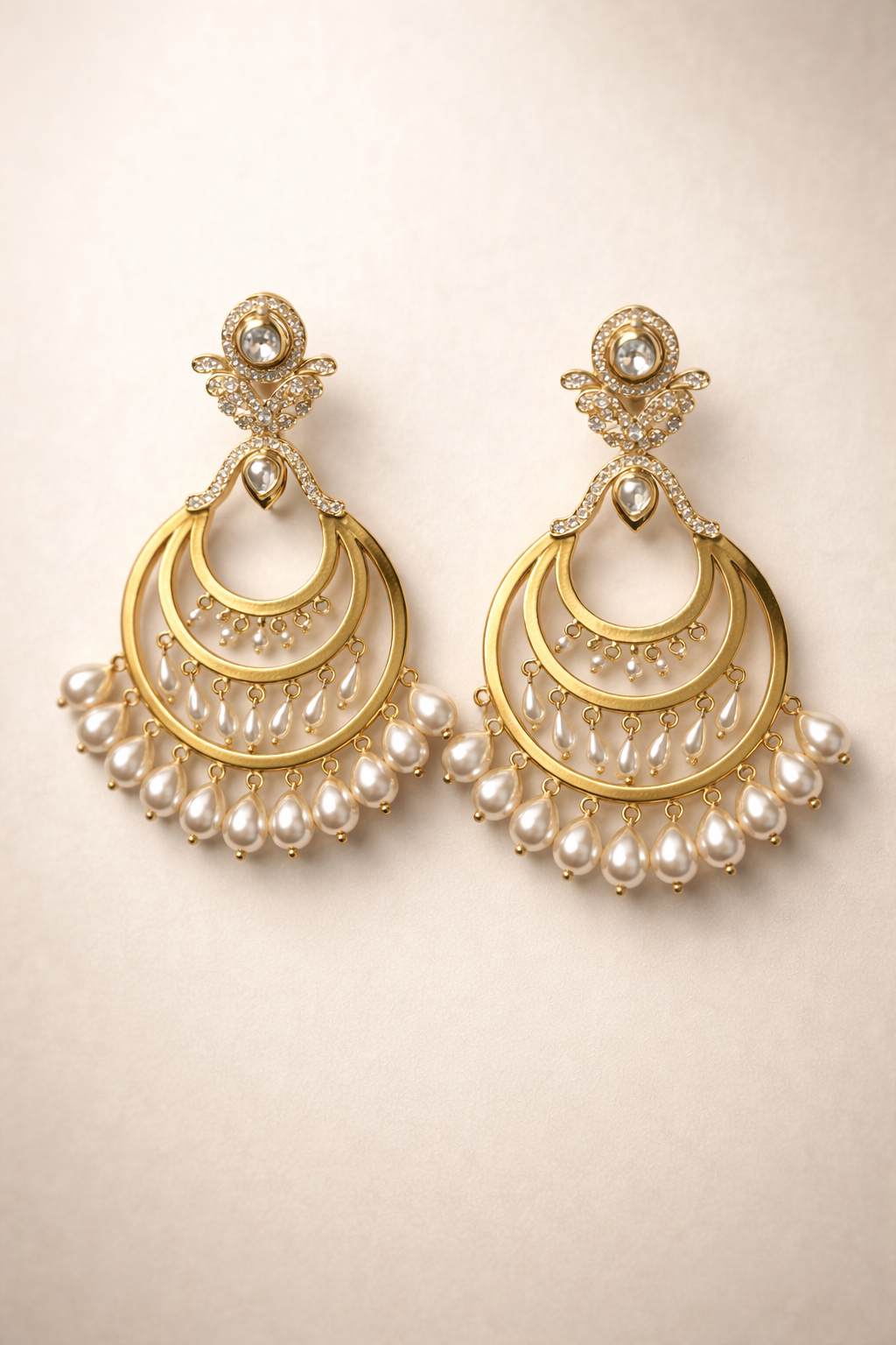 Golden Kundan Chand Bali With Drop Earrings
