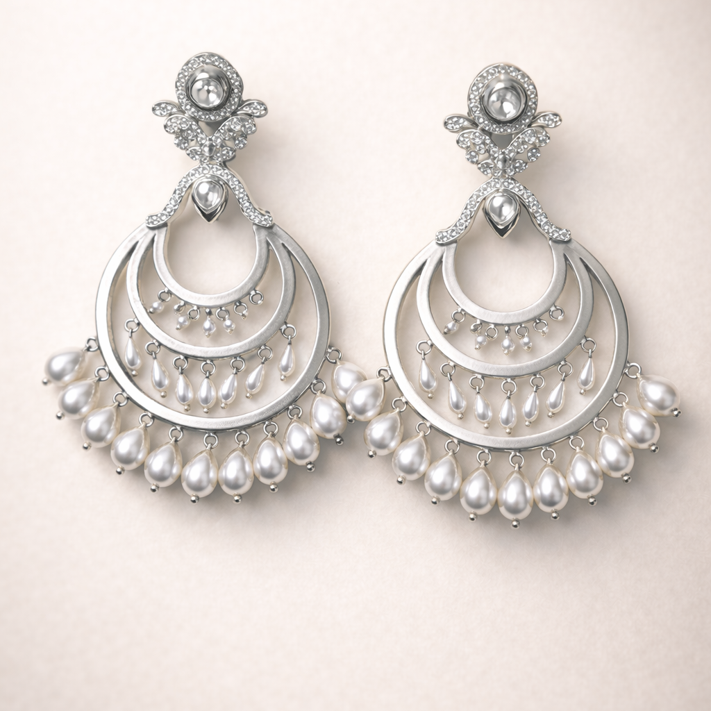 Silver Kundan Chand Bali With Drop Earrings