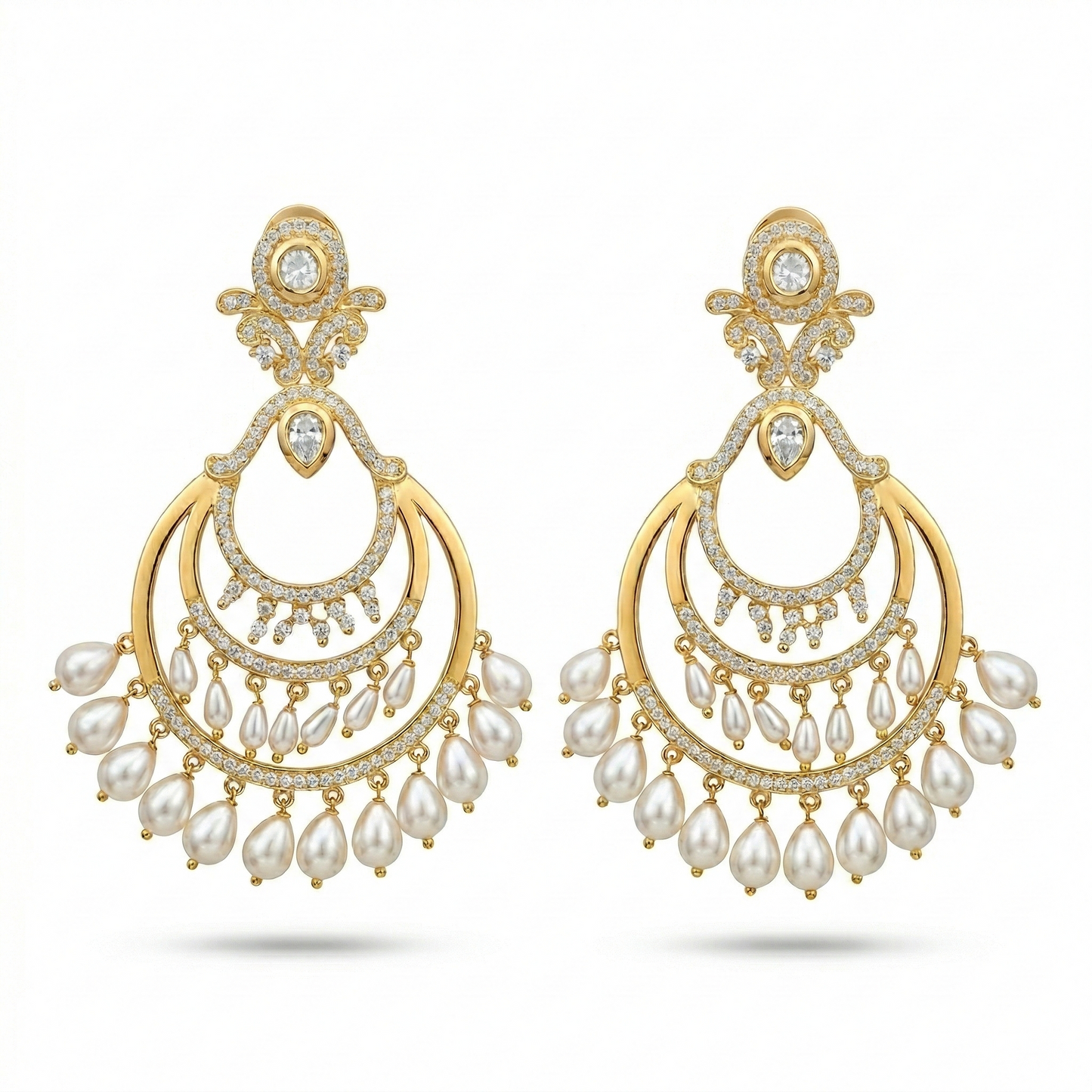 Golden Kundan Chand Bali With Drop Earrings