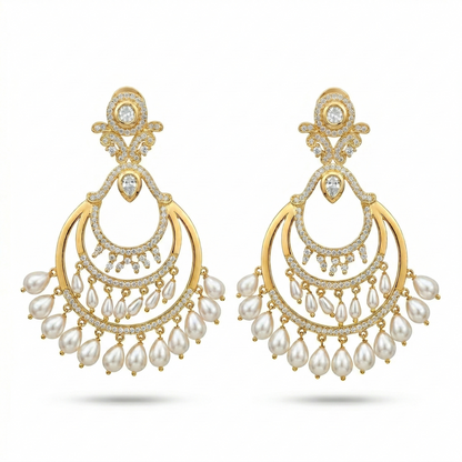 Golden Kundan Chand Bali With Drop Earrings