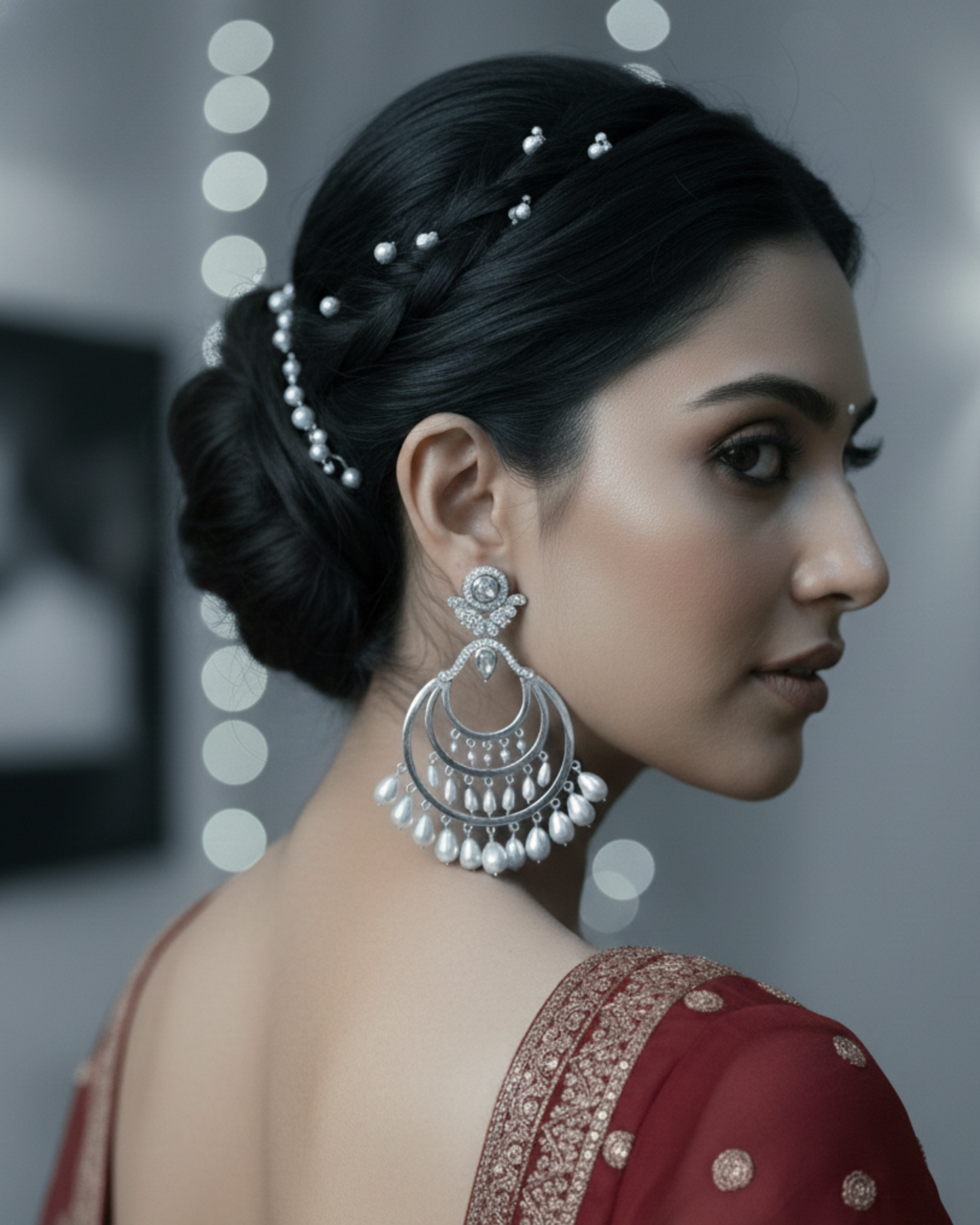 Silver Kundan Chand Bali With Drop Earrings