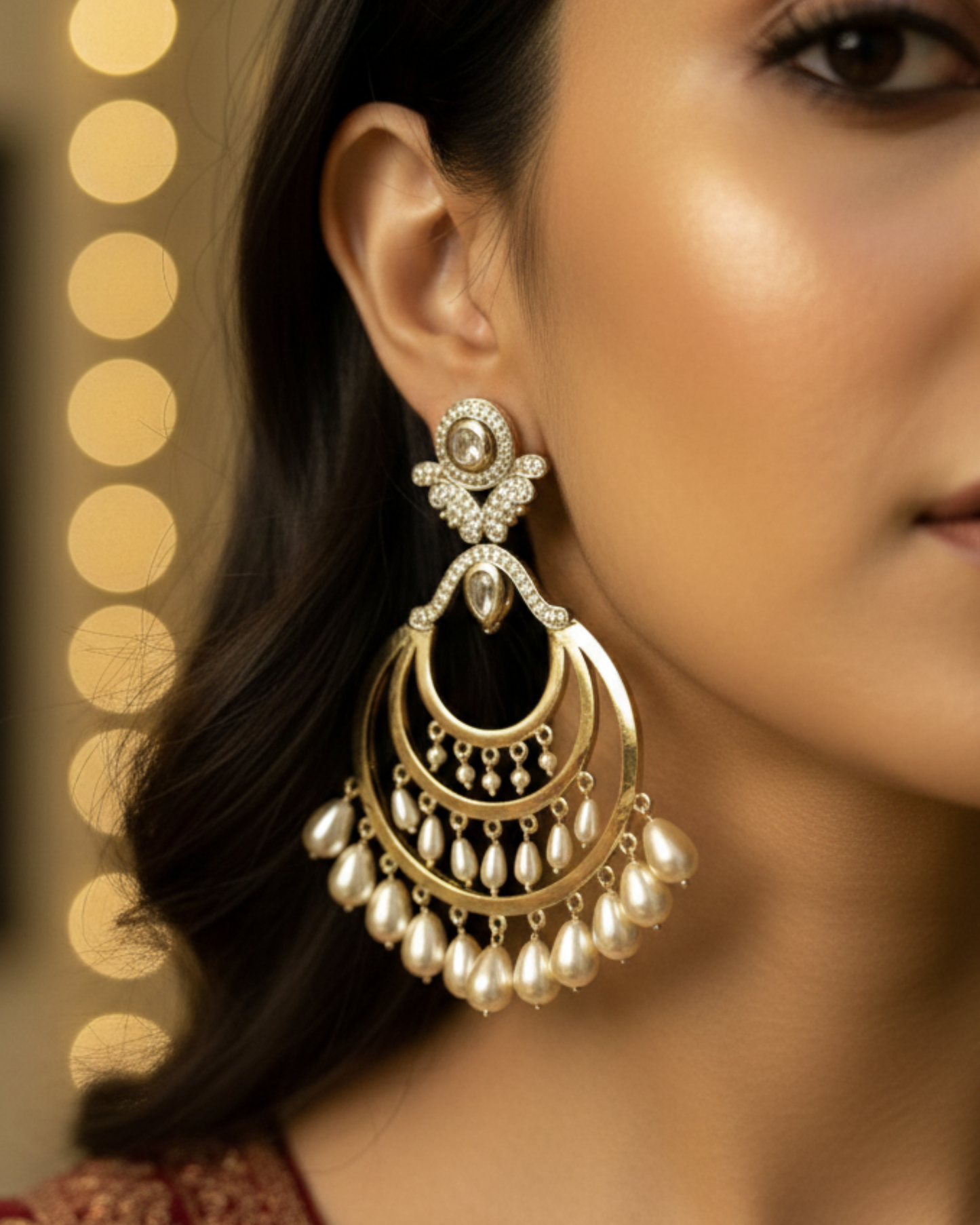 Golden Kundan Chand Bali With Drop Earrings