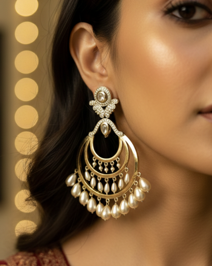 Golden Kundan Chand Bali With Drop Earrings