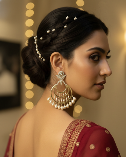 Golden Kundan Chand Bali With Drop Earrings