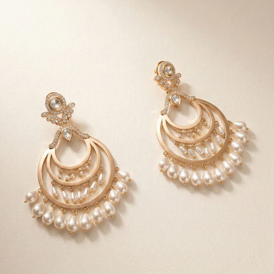 Golden Kundan Chand Bali With Drop Earrings