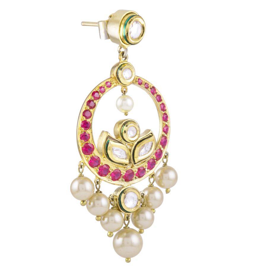 Audrey gold polki earrings with rubies and golden pearls
