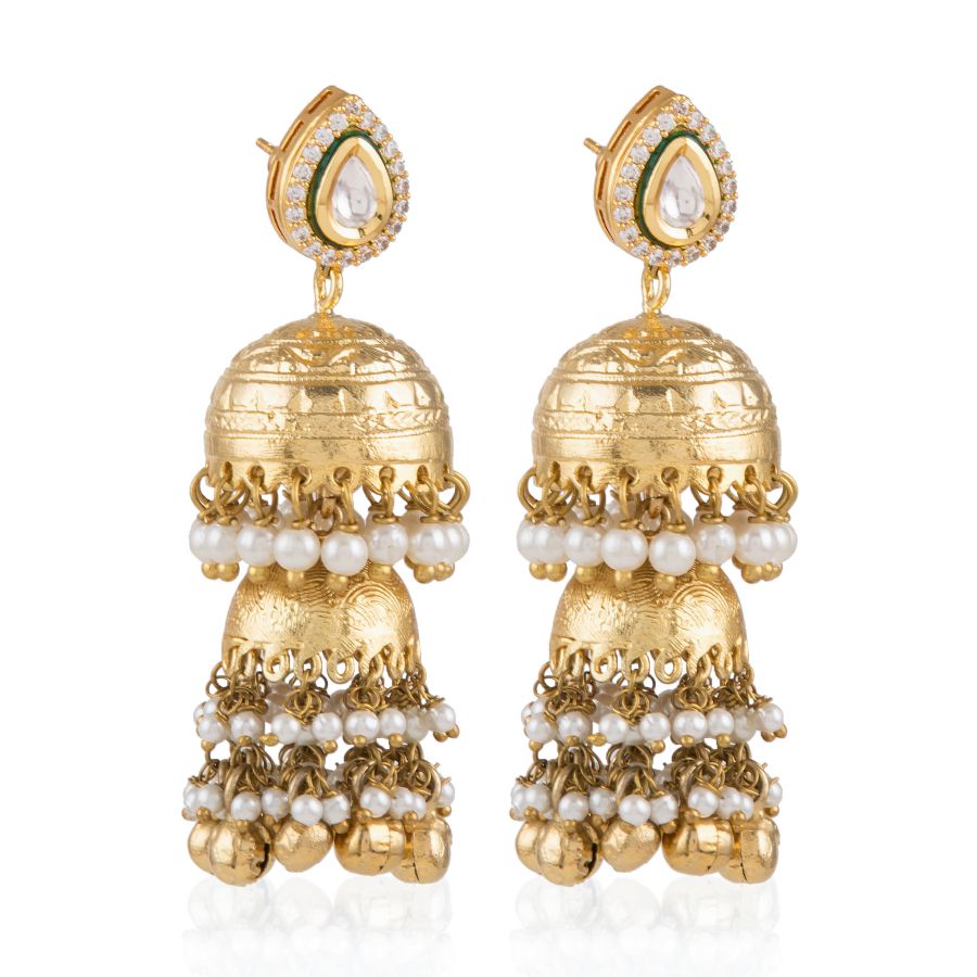 Audrey gold double jhumkis with pearl and ghungroo