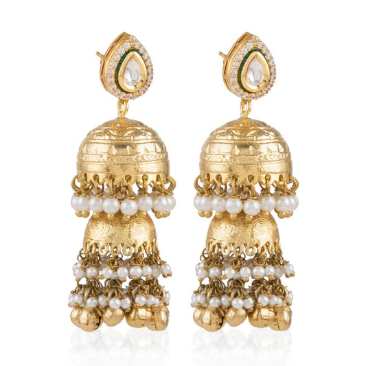 Audrey gold double jhumkis with pearl and ghungroo